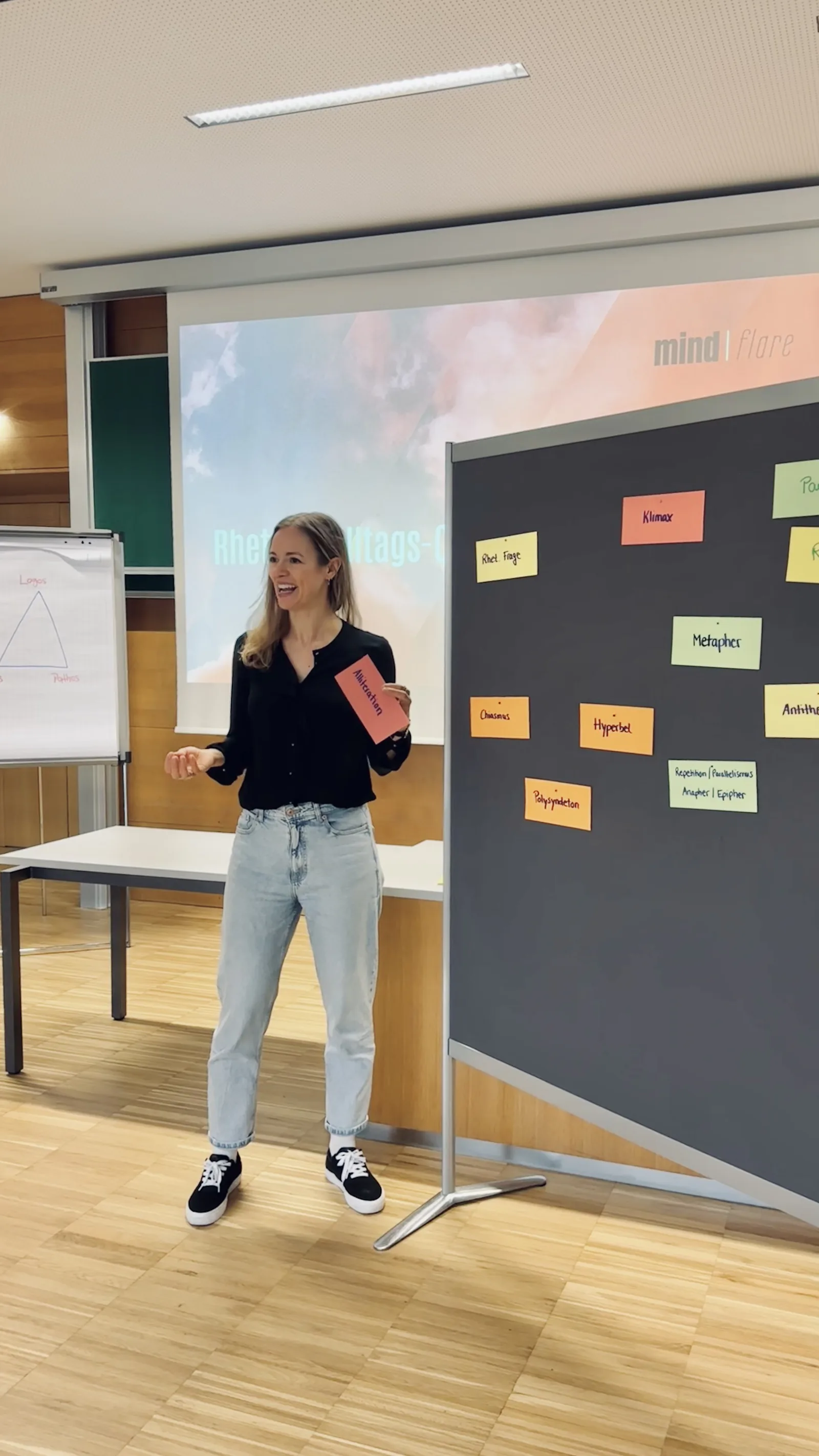 Eine Trainerin präsentiert vor einem Flipchart mit farbigen Notizzetteln in einem Rhetorik-Workshop.