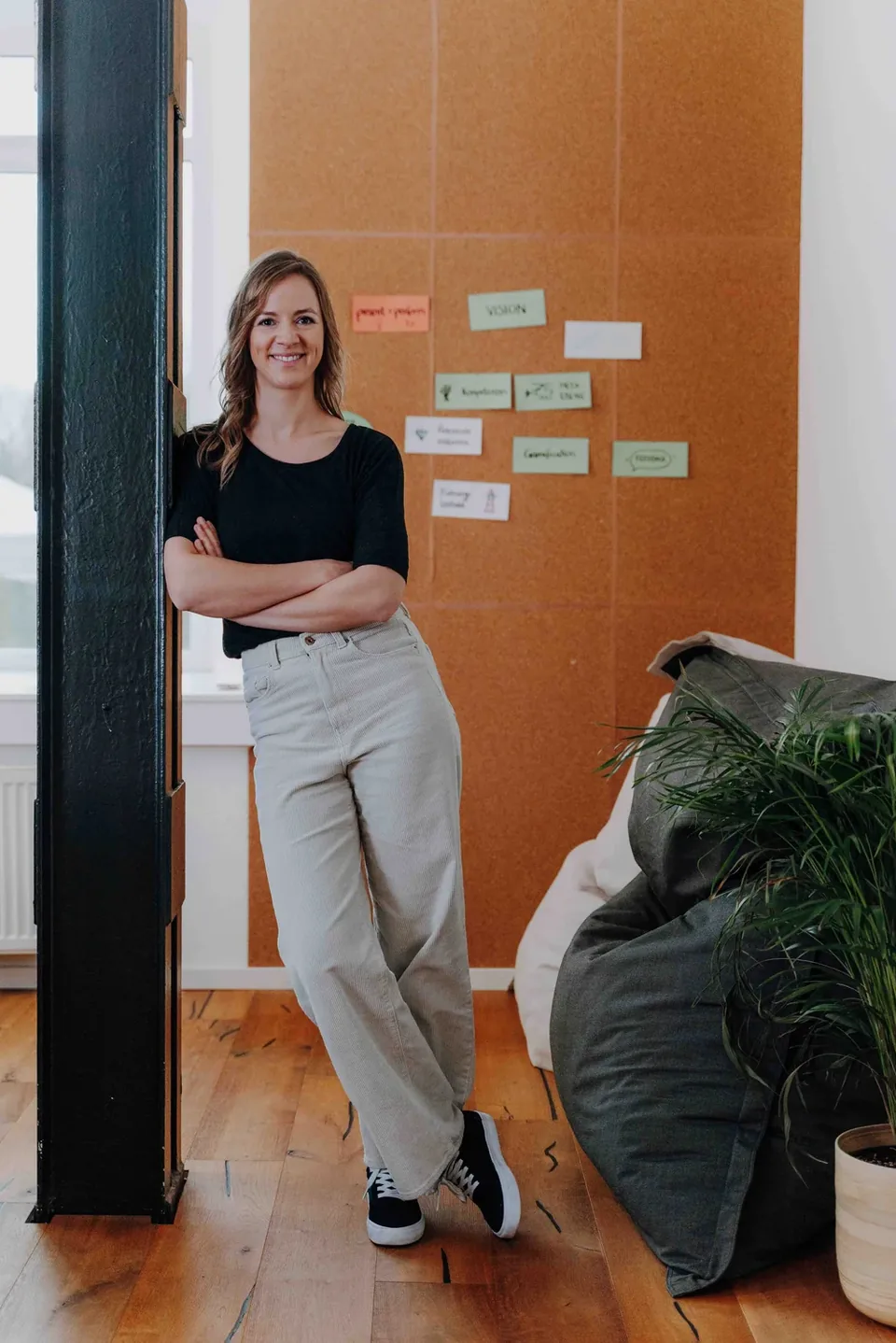 Bettina Rudolph steht in einem Workshop-Raum vor einer Pinnwand mit Notizen.